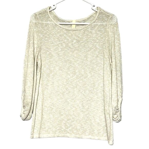 Lightweight Sweater Womans Small Ivory Metallic Knit Sinched Sleeves Tini Lili - Picture 1 of 8